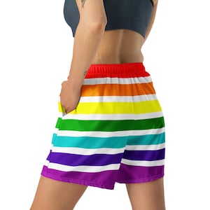 LGBTQ Striped Athletic Shorts, Gay Lesbian Pride Gym Workout Shorts, Gay Lesbian Gifts, LGBT Summer Beach Shorts, Elastic Waist, Plus Size