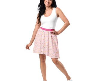 Cupcake Sprinkles Food Printed Skater Skirt, Colorful Plus Size Skirt for Women, All Over Print Skirt, Stylish Fashion Skirt,Pink Lover Gift