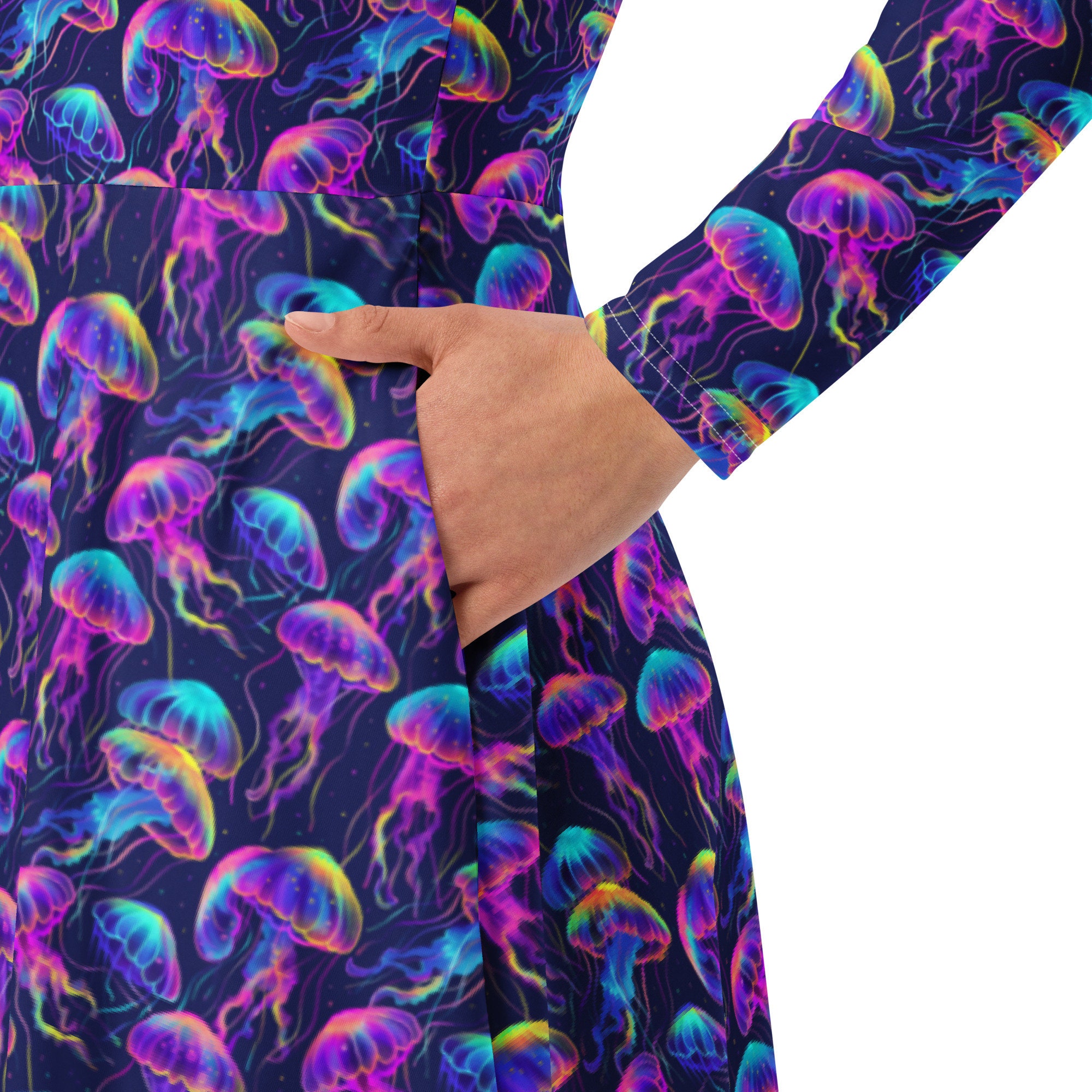 Jellyfish Printed Midi Dress, Nautical Theme Prom Party Dress, Evening Dress, Plus Size, Beach Wear, Summer Fall Modest Dress, Gift for Her