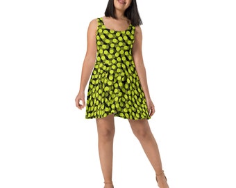 Tennis Balls Printed Skater Dress, Sports Lover Dress, AOP Fit and Flare Dress, Tennis Lover Gift For Her, Sleeveless Summer Beach Dress