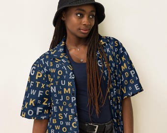 Alphabet ABCs Printed Unisex Button Down Shirt, Letters All Over Print Funky Aloha Hawaii Beach Shirt, Trendy Loungewear, Teacher Gifts
