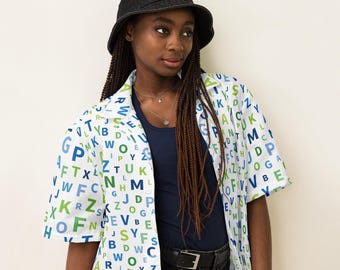 Alphabet ABCs Printed Unisex Button Down Shirt, Letters All Over Print Funky Aloha Hawaii Beach Shirt, Trendy Loungewear, Teacher Gifts