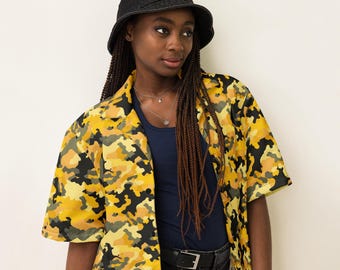 Camo Printed Unisex Button Down Shirt, All Over Print Casual Aesthetic Shirt, Camouflage Shirt, Soft Hippie Collared Shirt, Camo Lover Gifts