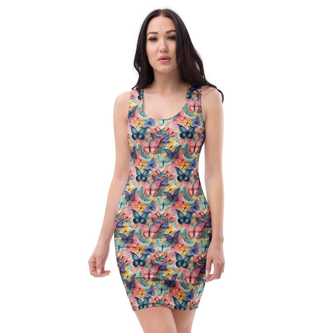 butterfly print bodycon dress Printed Dress, Butterfly Lover Gifts, Summer Beach Party Dress, Fitted Dress, Vacation Dress, Girlfriend Gifts The thoughtful design includes auto_featured Bcbg maxazria Black satin Size:XL (Sizes 14-16)