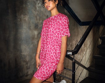 pink leopard print shirt dress Pink Cheetah Leopard Printed T-shirt Dress, Designer Festival Fashion all over Print Dress, Boho Hippie Y2K Festival Shirt Dress, LoungeWear