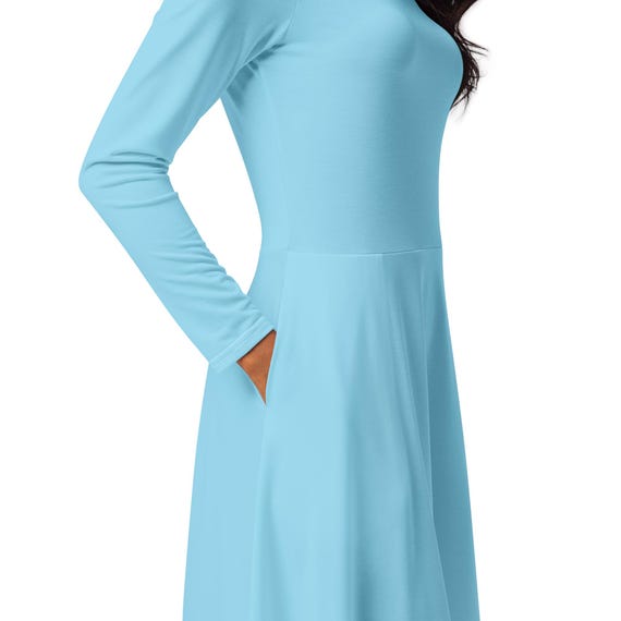 knee length dresses for ladies Light Blue Solid Brushed Rib Long Sleeve V-Neck Fitted Maternity Midi Dress main image 0