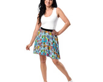 Owls Bird Printed Skater Skirt, Colorful Plus Size Skirt for Women, All Over Print Unique Animal Patterned Skirt,Comfy Stylish Fashion Skirt