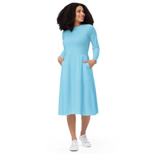 Solid Blue Midi Dress Women, Full Sleeves Evening Party, Round Neck Party Dress, Plain Blue Summer Beach Dress, Casual Dress With Pockets