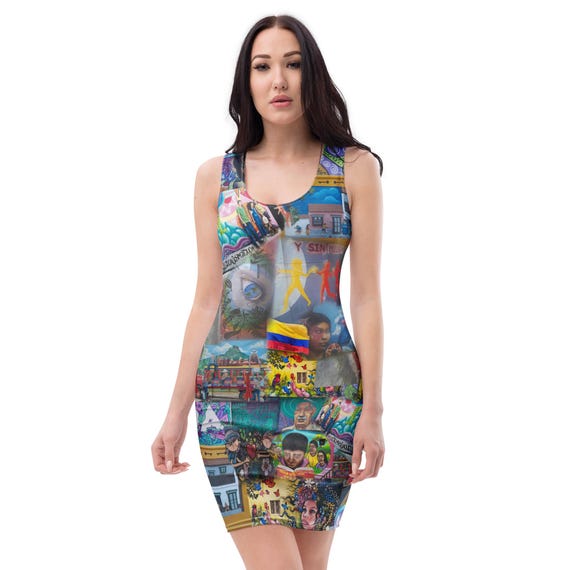 Colombia Street Art Printed Bodycon Dress, Western Fashion Fitted Dress, Rave Party Dress, Y2K Club Dress, Casual Beach Dress