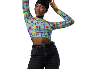 Colorful Tulip Flowers Crop Tops Women, AOP Floral Long Sleeve Top