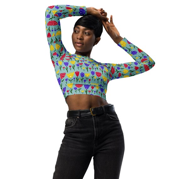 トップス openyy flower tops Colorful Tulip Flowers Crop Tops Women, AOP Floral Long Sleeve Top