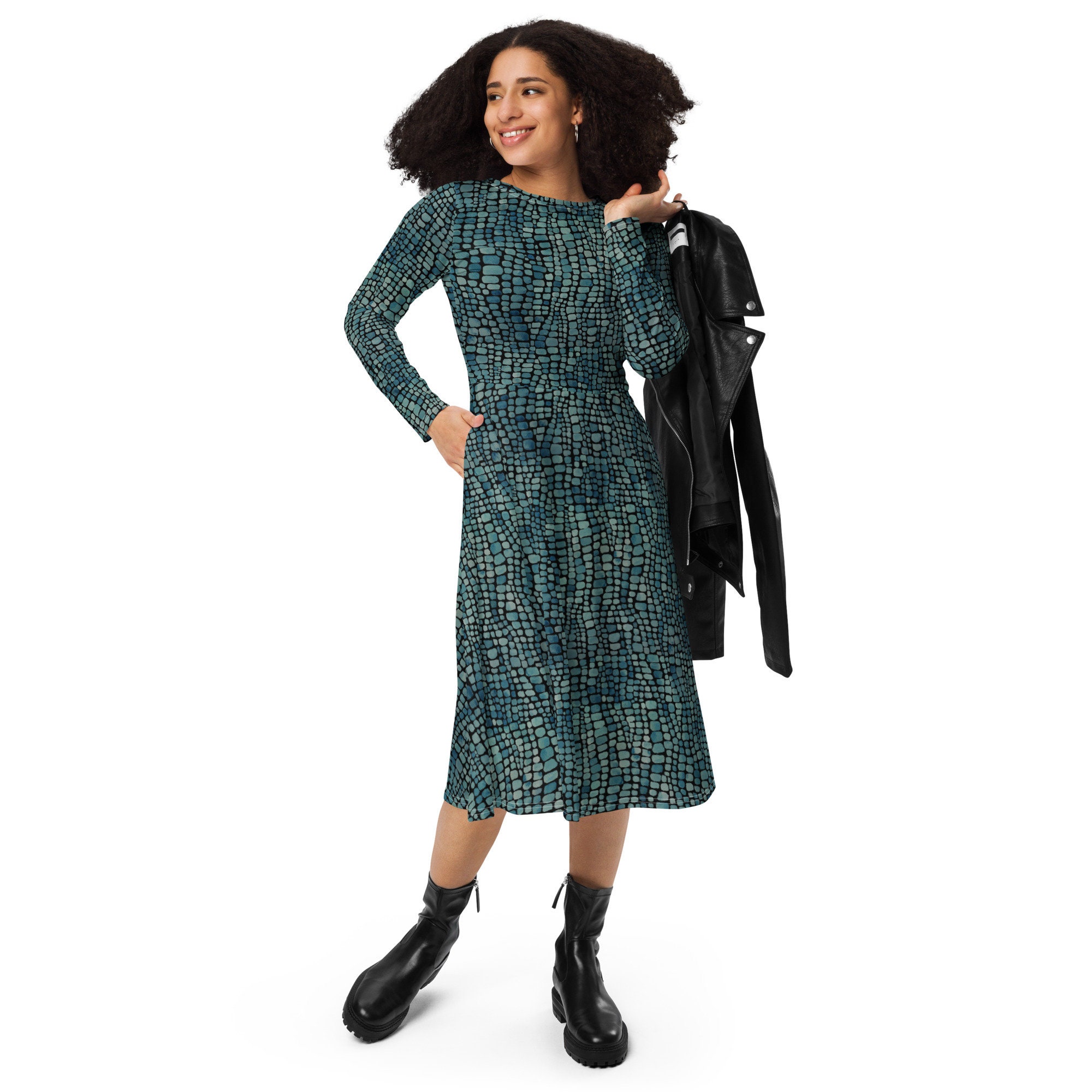 Alligator Skin Printed Midi Dress, Summer Dress With Pockets, Evening Party  Dress, Beach Dress, Long Sleeve Aesthetic Dress, Gifts for Her - Etsy