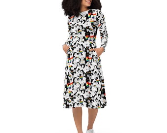 Rainbow Pride Midi Dress, LGBTQ Women Full Sleeves Dress, Lesbian Pride Dress, Colorful Dress with Pockets, Asexual Bisexual Dress, Gifts