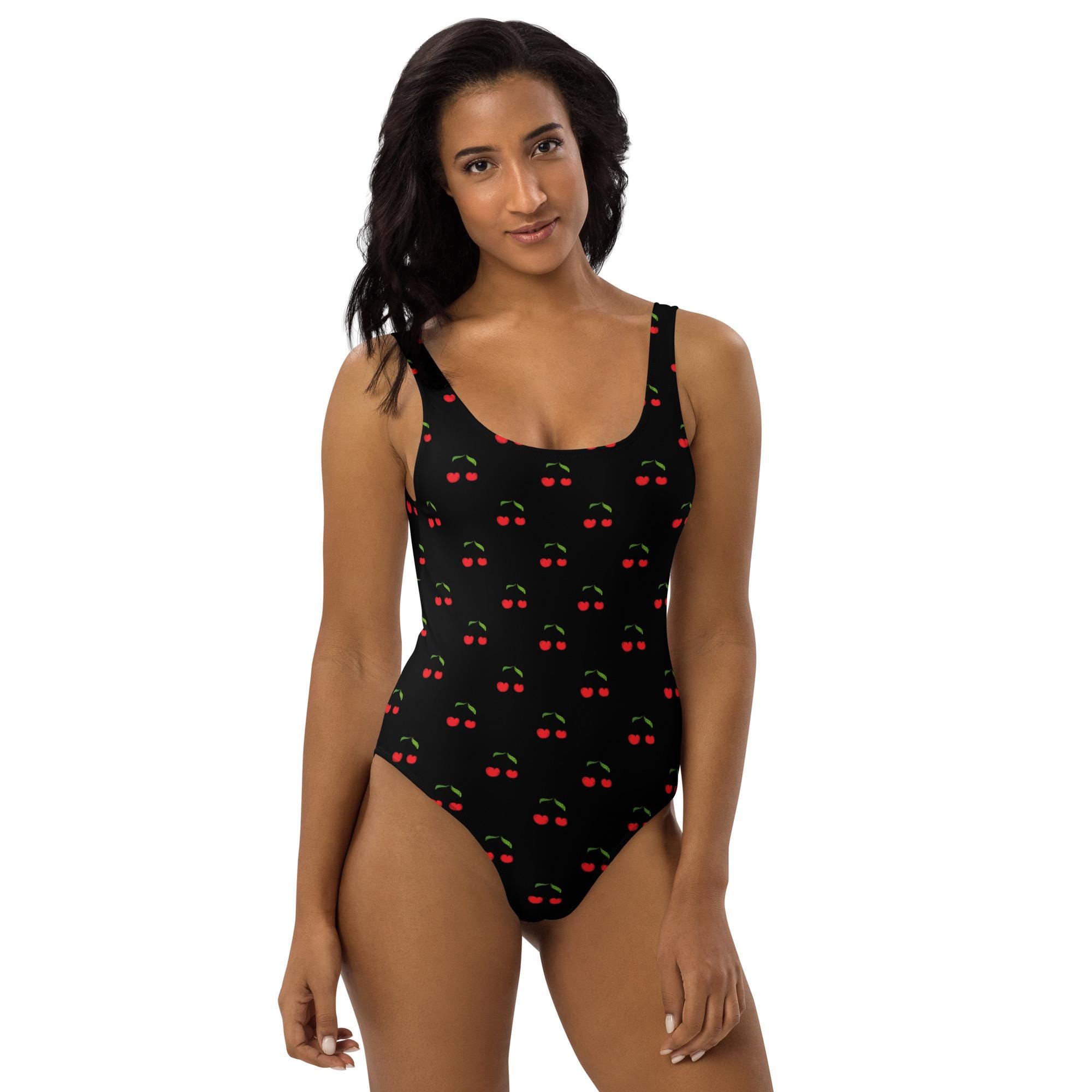 Cherries Fruit Printed Women One Piece Swimsuit, Girls Woman