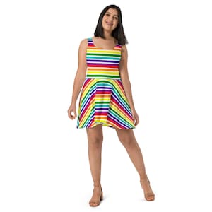 Rainbow Striped Skater Dress, Women Skater Dress, LGBTQ Skater Dress, Gay Pride Flag Dress, Lesbian Pride Skater Dress, Cute Colorful Dress