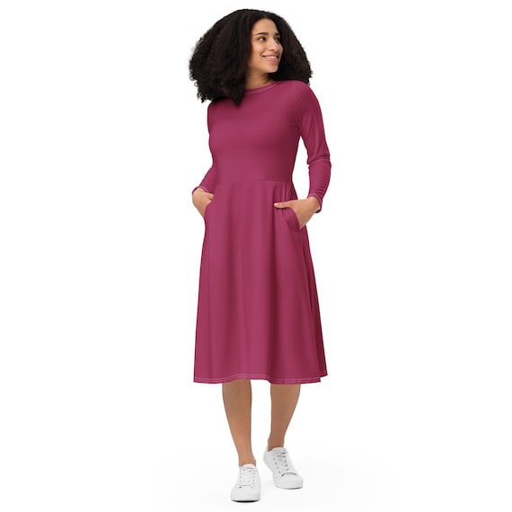 Solid Berry Midi Dress Women, Full Sleeves Evening Party, Round Neck Party  Dress, Plain Summer Beach Dress, Casual Dress With Pockets - Etsy
