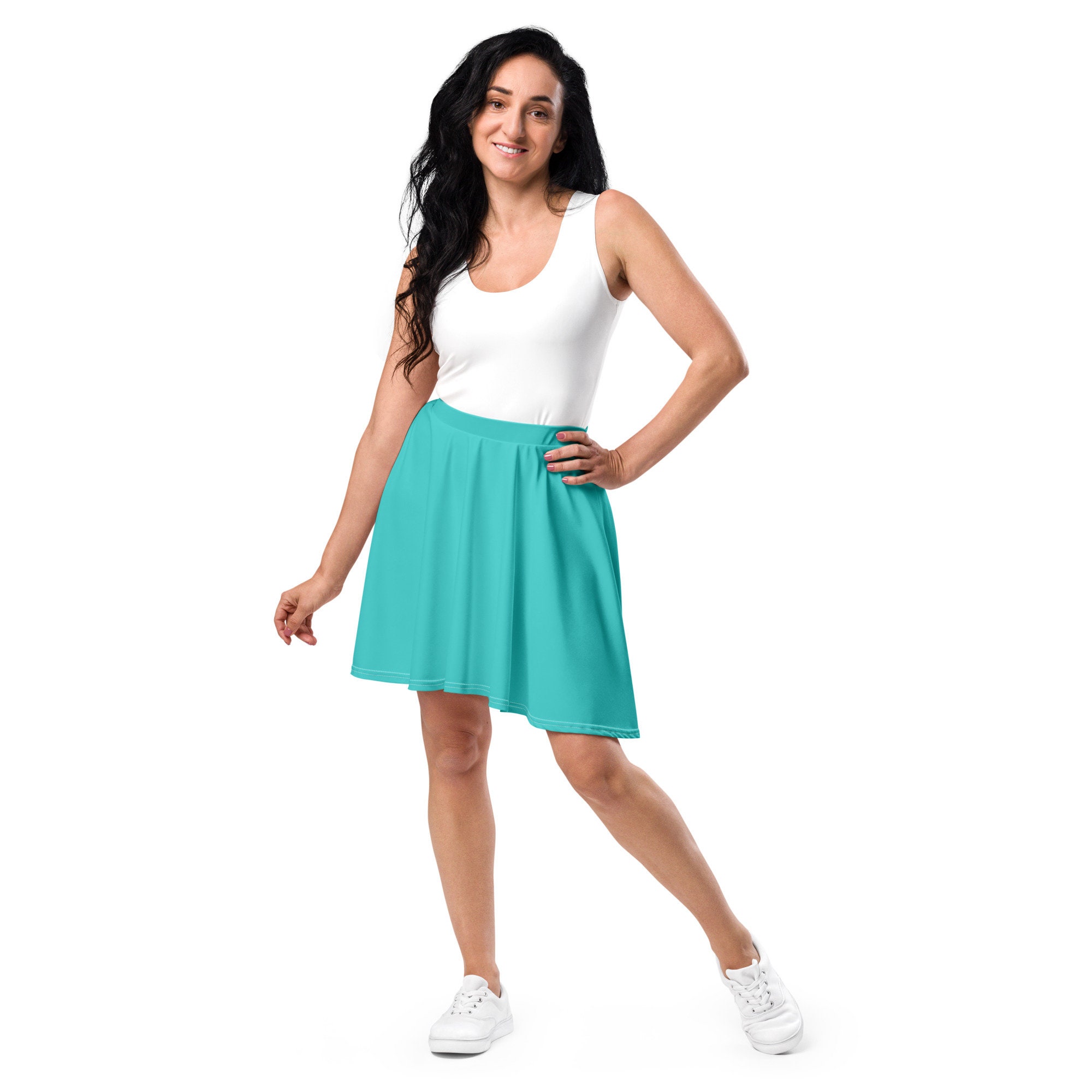 Solid Teal Printed Skater Skirt, Colorful Plus Size Skirt for
