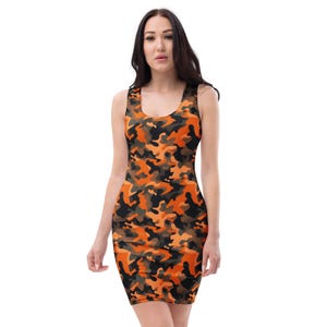 Camouflage Printed Bodycon Dress, All Over Print Camo Summer Fitted Dress, Beach Party Midi Dress, Rave Wear Dress, Veteran Military Gifts