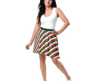 Christmas Striped Skater Skirt, Skirt, Holiday Christmas Skirt, Festival Skirt, Skirts for Women, Plus Size Skirt, Cute Printed Skirt, Gifts
