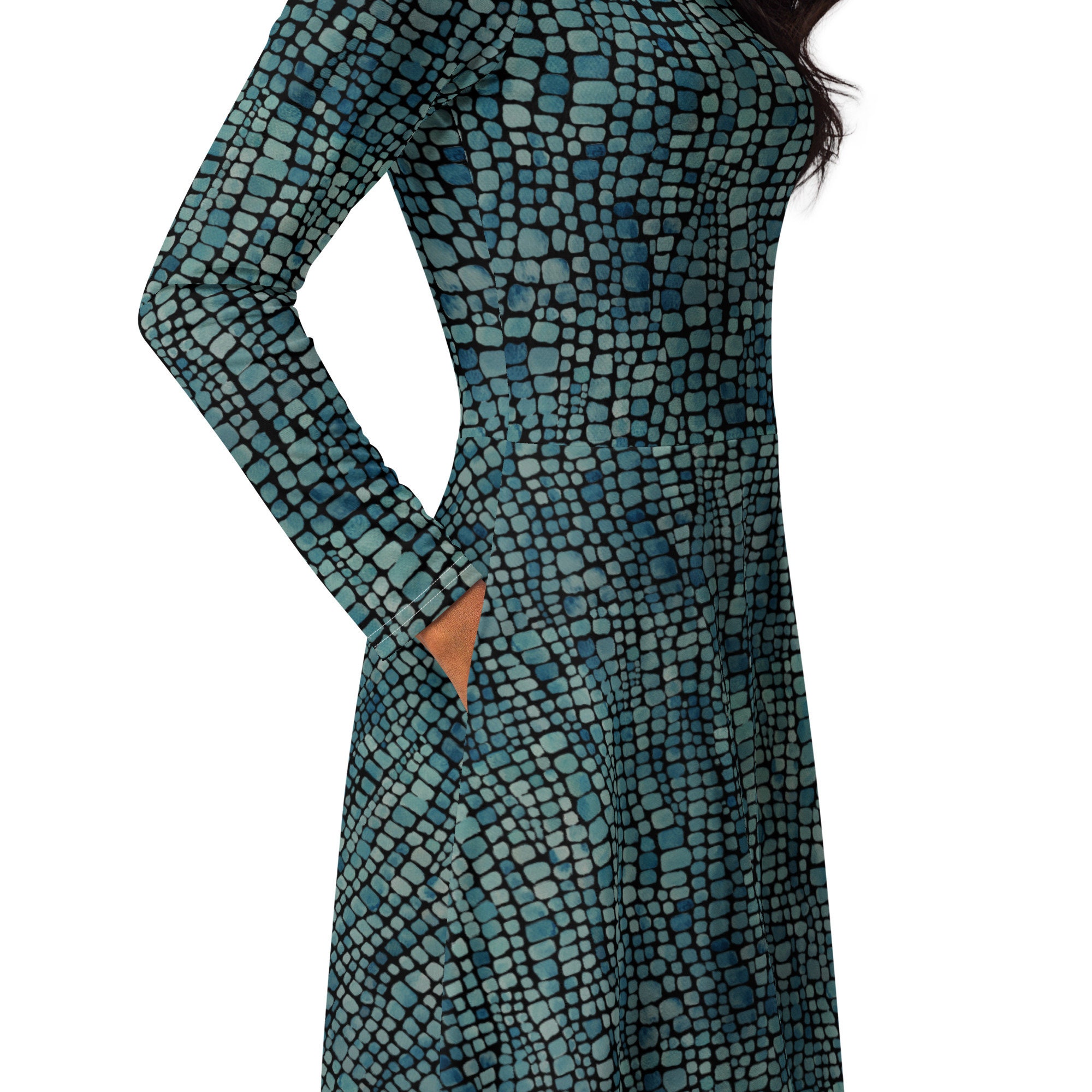 Alligator Skin Printed Midi Dress, Summer Dress with Pockets, Evening Party Dress, Beach Dress, Long Sleeve Aesthetic Dress, Gifts for Her Alligator Skin Printed Midi Dress, Summer Dress with Pockets, Evening Party Dress, Beach Dress, Long Sleeve Aesthetic Dress, Gifts for Her