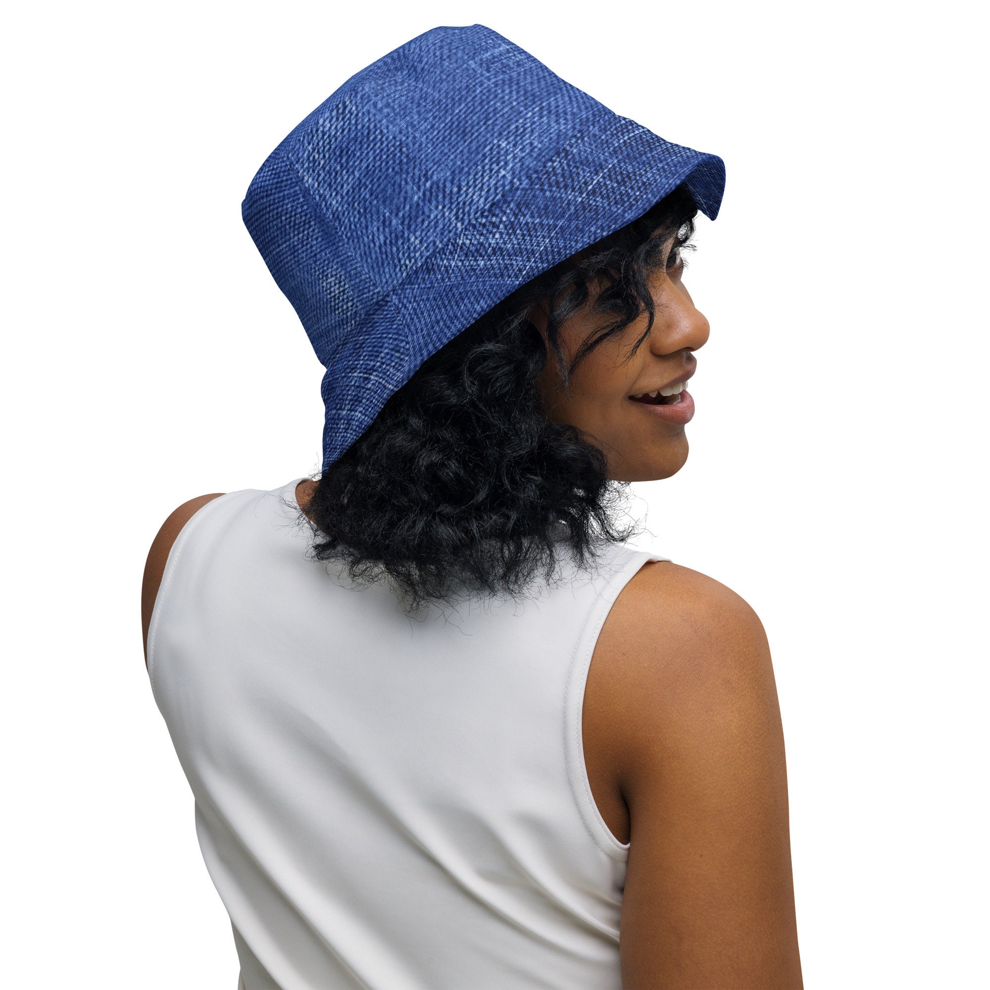 Cute Blue Jeans Patterned Reversible Bucket Hat, Aesthetic  display picture 2