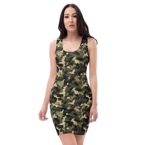 Camouflage Printed Bodycon Dress, All Over Print Camo Summer Fitted Dress, Beach Party Midi Dress, Rave Wear Dress, Veteran Military Gifts