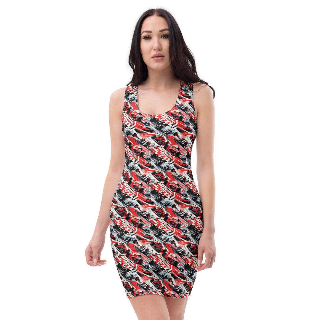 Car Racer Printed Bodycon Dress, All Over Print Racer Statement Dress ...