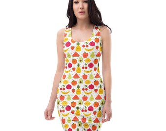 Smiling Happy Fruit Printed Bodycon Dress, All Over Print Tropical Beach Dress, Holiday Parties Dress, Tight Dress, Vegan Gifts