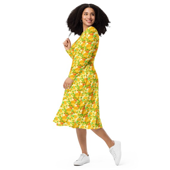 Mangos Fruit Printed Midi Dress, Casual Birthday Party Dress, Vegan Evening  Dress, Full Sleeves Beach Dress With Pockets, Gifts for Women - Etsy