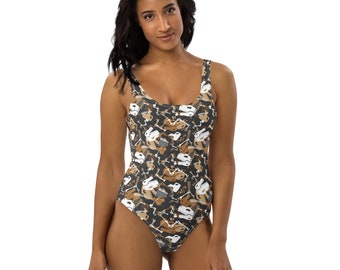 Dinosaur Bones Printed Swimsuit, Women's Unique One-Piece Swimsuit, Women's Swimwear Bathing Suit, Science Biology Teacher Nerd Gift for Her