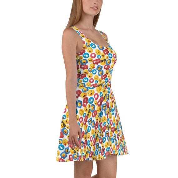 emoji skater dress Text Emojis Printed Skater Dress for Women, Patterned Dress, All Over Print Happy Face Sleeveless Dress, Unique Plus Size Summer Dress
