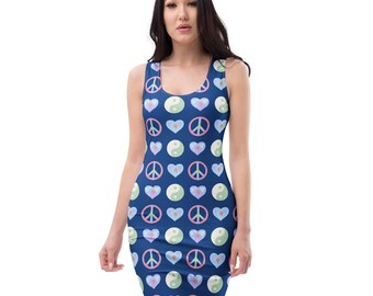 World Map Hearts Printed Bodycon Dress, Peace Signs All Over Print Aesthetic Fitted Dress, Sexy Tight Dress, Travel Lover Gift