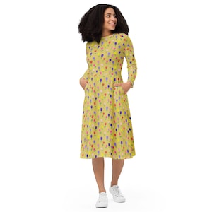 Tulip Flowers Printed Midi Dress, Aesthetic Floral Summer Dress with Pockets, Pretty Botanical Dress, Evening Party Dress, Gifts for Her