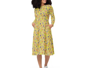 Tulip Flowers Printed Midi Dress, Aesthetic Floral Summer Dress with Pockets, Pretty Botanical Dress, Evening Party Dress, Gifts for Her