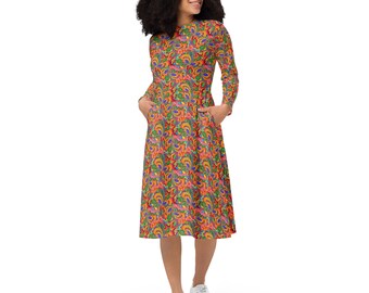 Retro Batik Floral Printed Midi Dress, Aesthetic Unique Summer Dress with Pockets, Botanical Dress, Evening Party Dress, Gifts for Her