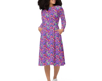 Retro Batik Floral Printed Midi Dress, Aesthetic Unique Summer Dress with Pockets, Botanical Dress, Evening Party Dress, Gifts for Her