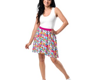 Unicorns Printed Skater Skirt, Colorful Plus Size Skirt for