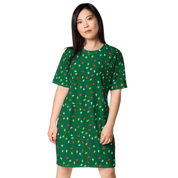 Christmas Lights T-shirt Dress Women, Festival Fashion Aesthetic Holiday Shirt Dress, Loungewear, All Over Print, Beach Wear, Loose Fit