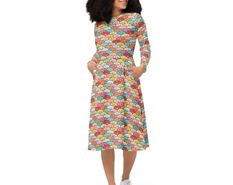 Cute Pigs Printed Midi Dress, Comfy Casual Evening Dress, All Over Print Colorful Beach Dress, Fun Long-Sleeve Dress, Pig Lover Gift for Her