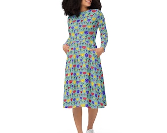 Tulip Flowers Printed Midi Dress, Aesthetic Floral Summer Dress with Pockets, Comfy Botanical Dress, Evening Party Dress, Gifts for Her