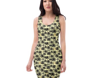 Palm Trees Printed Bodycon Dress, All Over Print Tropical Beach Dress, Holiday Parties Dress, Tight Dress, Beach Lover Gifts