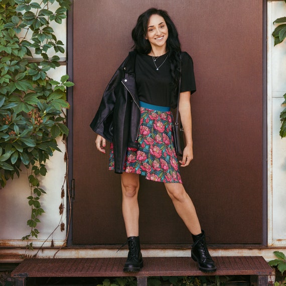 Stained Glass Flowers Printed Skater Skirt, Plus Size Skirt for
