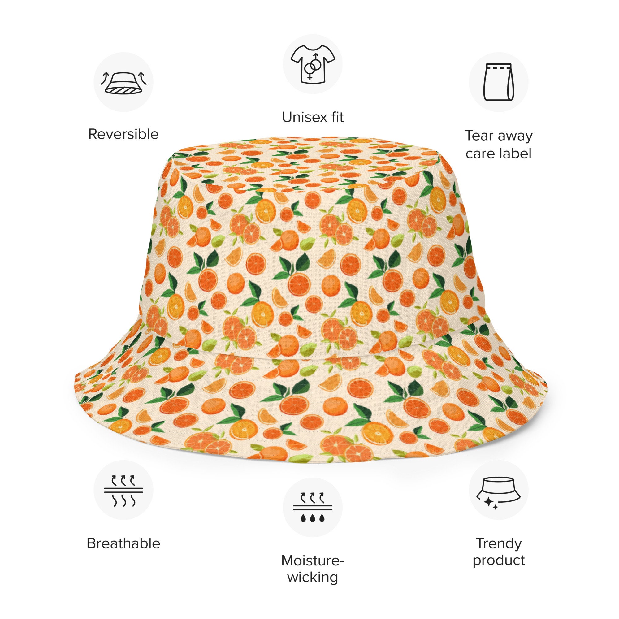 Citrus Oranges Fruit Printed Reversible Bucket Hat 