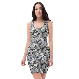 Camouflage Printed Bodycon Dress, All Over Print Camo Summer Fitted Dress, Beach Party Midi Dress, Rave Wear Dress, Veteran Military Gifts
