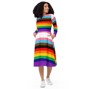 Rainbow Pride Midi Dress, LGBTQ Women Full Sleeves Dress, Lesbian Pride Dress, Colorful Dress with Pockets, Asexual Bisexual Dress, Gifts
