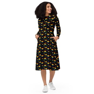 Rainbow Pride Midi Dress, LGBTQ Women Full Sleeves Dress, Lesbian Pride Dress, Colorful Dress with Pockets, Asexual Bisexual Dress, Gifts