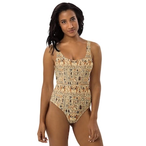 Egypt Hieroglyphics Printed Women&#39;s One Piece Swimsuit, Egyptian Summer Bathing Suit, Holiday Vacation Swimwear Bodysuit, Egypt Gift For Her