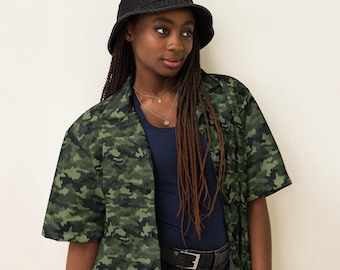 Camo Printed Unisex Button Down Shirt, All Over Print Casual Aesthetic Shirt, Camouflage Shirt, Soft Hippie Collared Shirt, Camo Lover Gifts