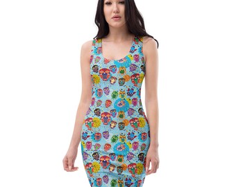 May include: A sleeveless, bodycon dress featuring a vibrant pattern of colorful, stylized faces on a light blue background. The dress has a scoop neckline and a form-fitting silhouette.