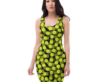 Tennis Balls Printed Bodycon Dress, Casual  AOP Dress, Fitted Resort Dress, Summer Beach Dress, Tennis Fan Gifts